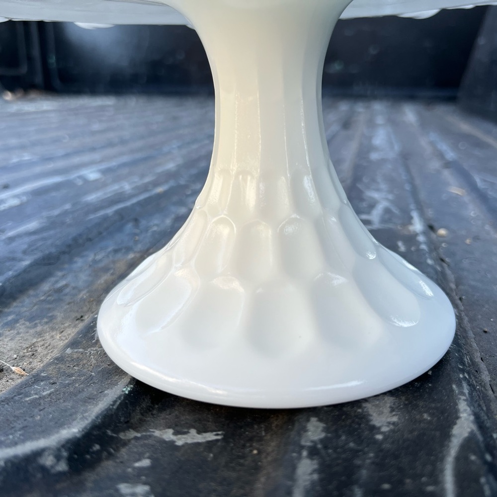 Vintage Milk Glass Cake Plate Pedestal Footed White Ruffles - Picture 4 of 6